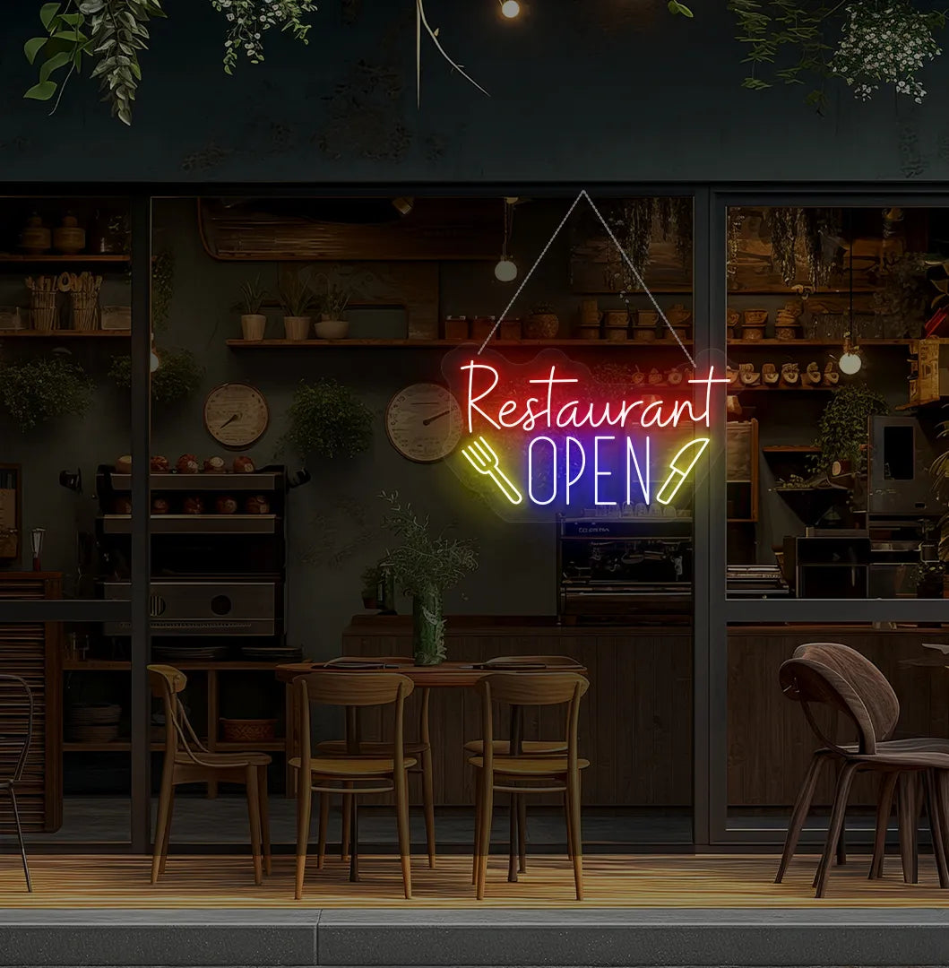 Image of a restaurant open neon sign in blue color mounted on restaurant wall.