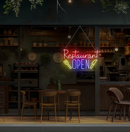 Image of a restaurant open neon sign in blue color mounted on restaurant wall.