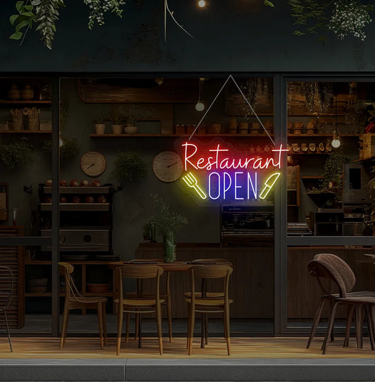 Image of a restaurant open neon sign in blue color mounted on restaurant wall.