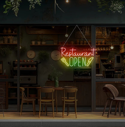 Modern restaurant wall with restaurant open neon sign glowing green.