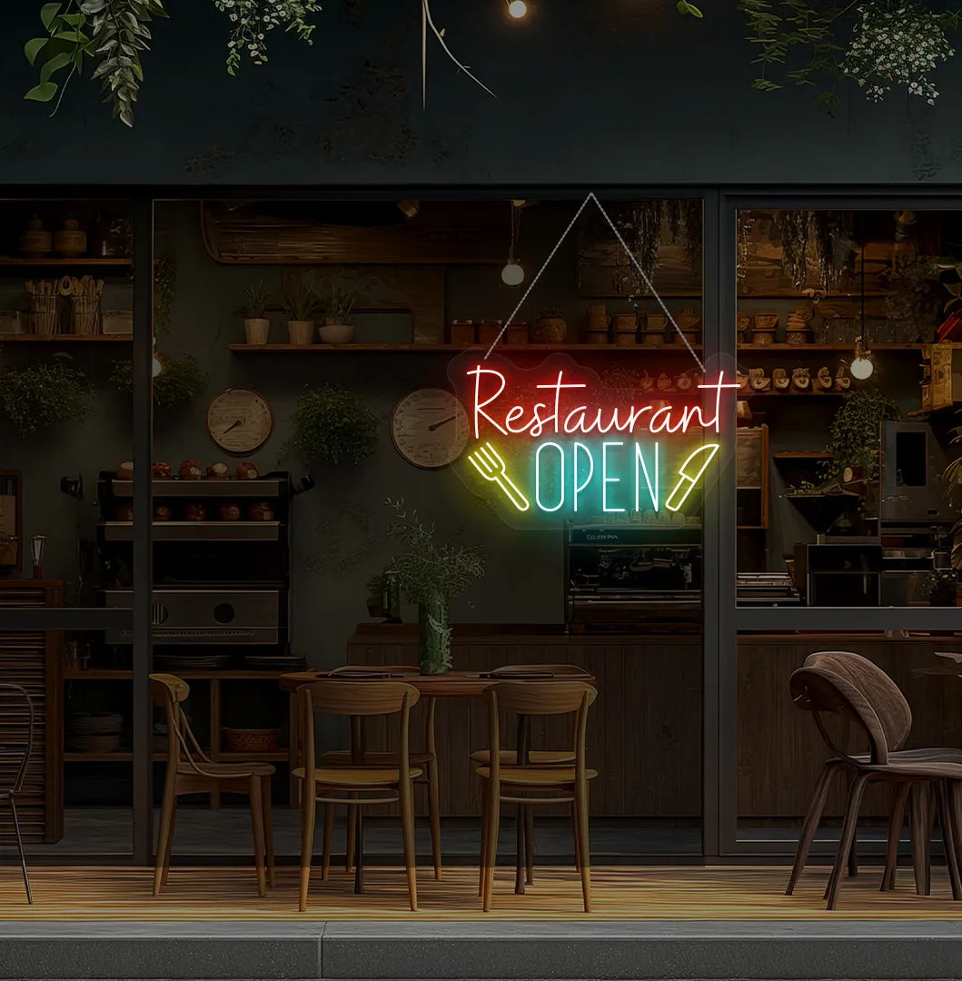 Image of a restaurant open neon sign in ice blue color mounted on restaurant wall.
