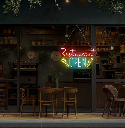 Image of a restaurant open neon sign in ice blue color mounted on restaurant wall.
