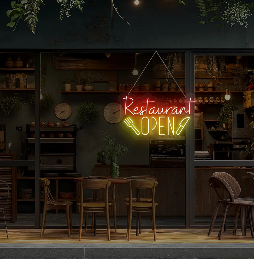 Modern restaurant wall with restaurant open neon sign glowing orange.