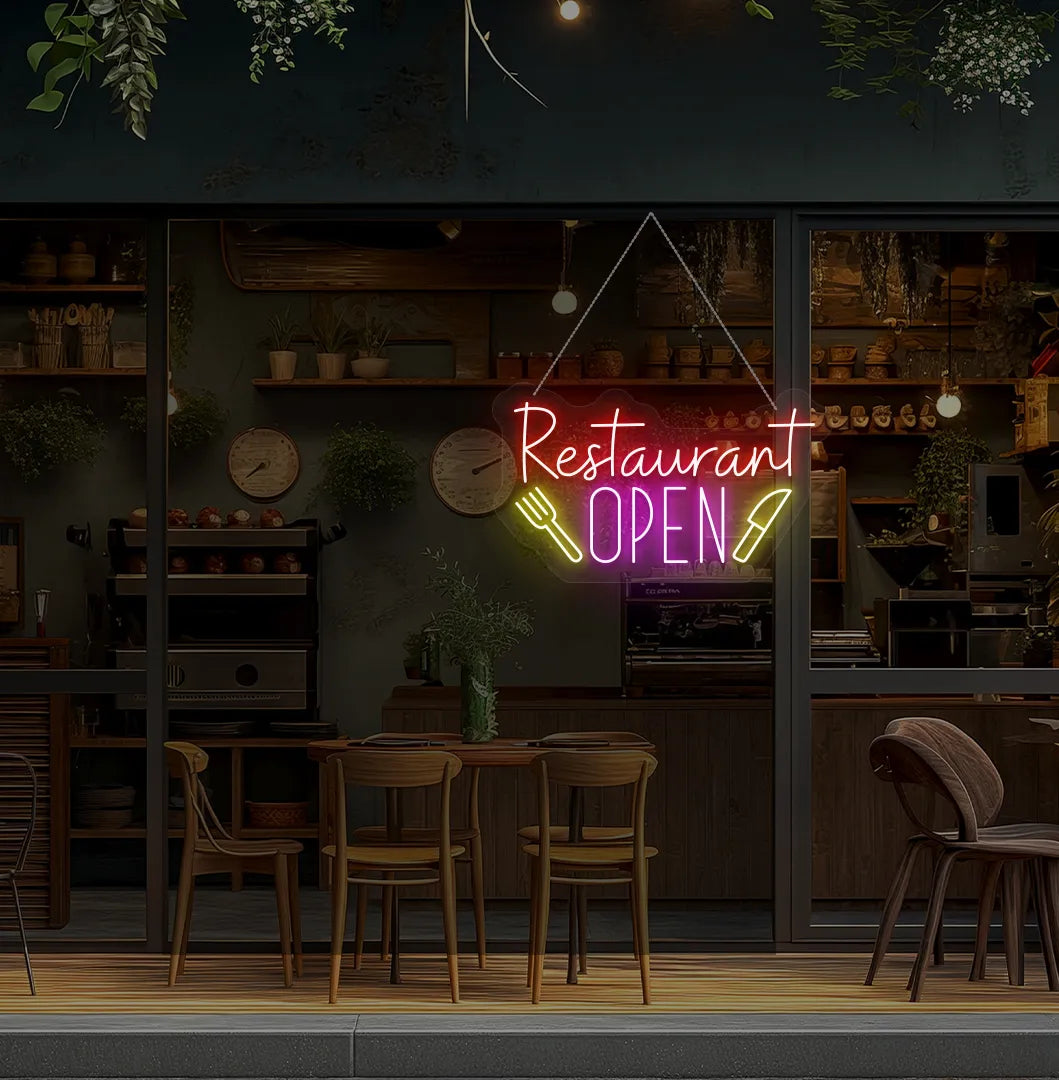 Image of a restaurant open neon sign in pink color mounted on restaurant wall.