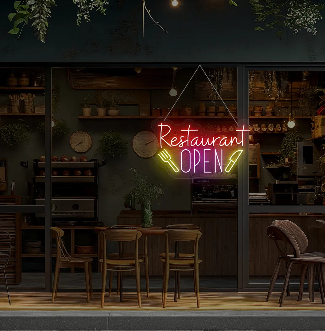 Modern restaurant wall with restaurant open neon sign glowing purple.