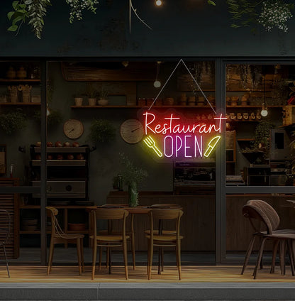 Modern restaurant wall with restaurant open neon sign glowing purple.