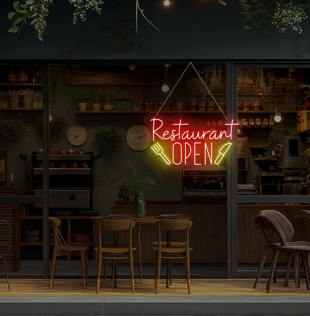 Image of a restaurant open neon sign in red color mounted on restaurant wall.