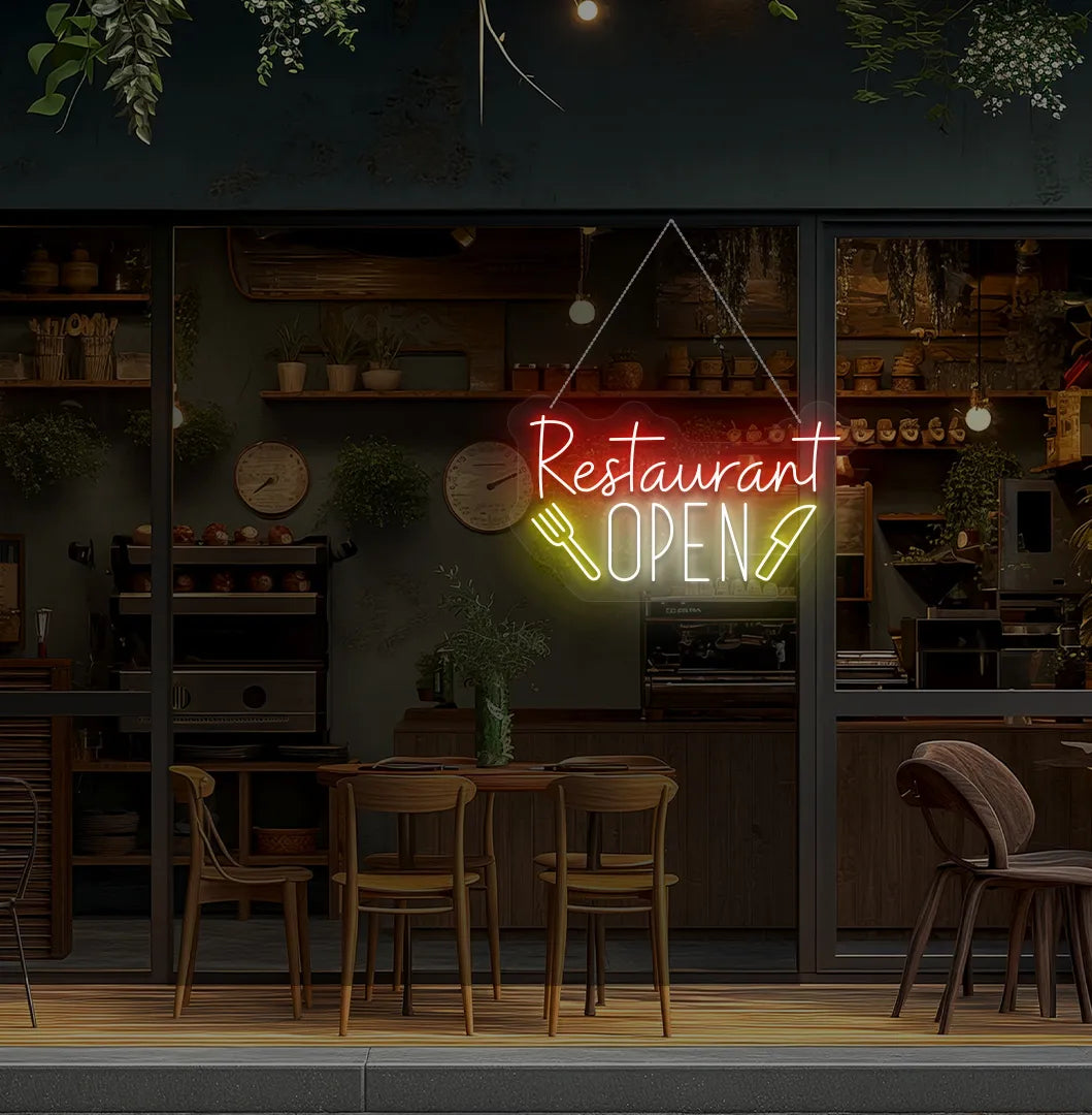 Modern restaurant wall with restaurant open neon sign glowing warm white.