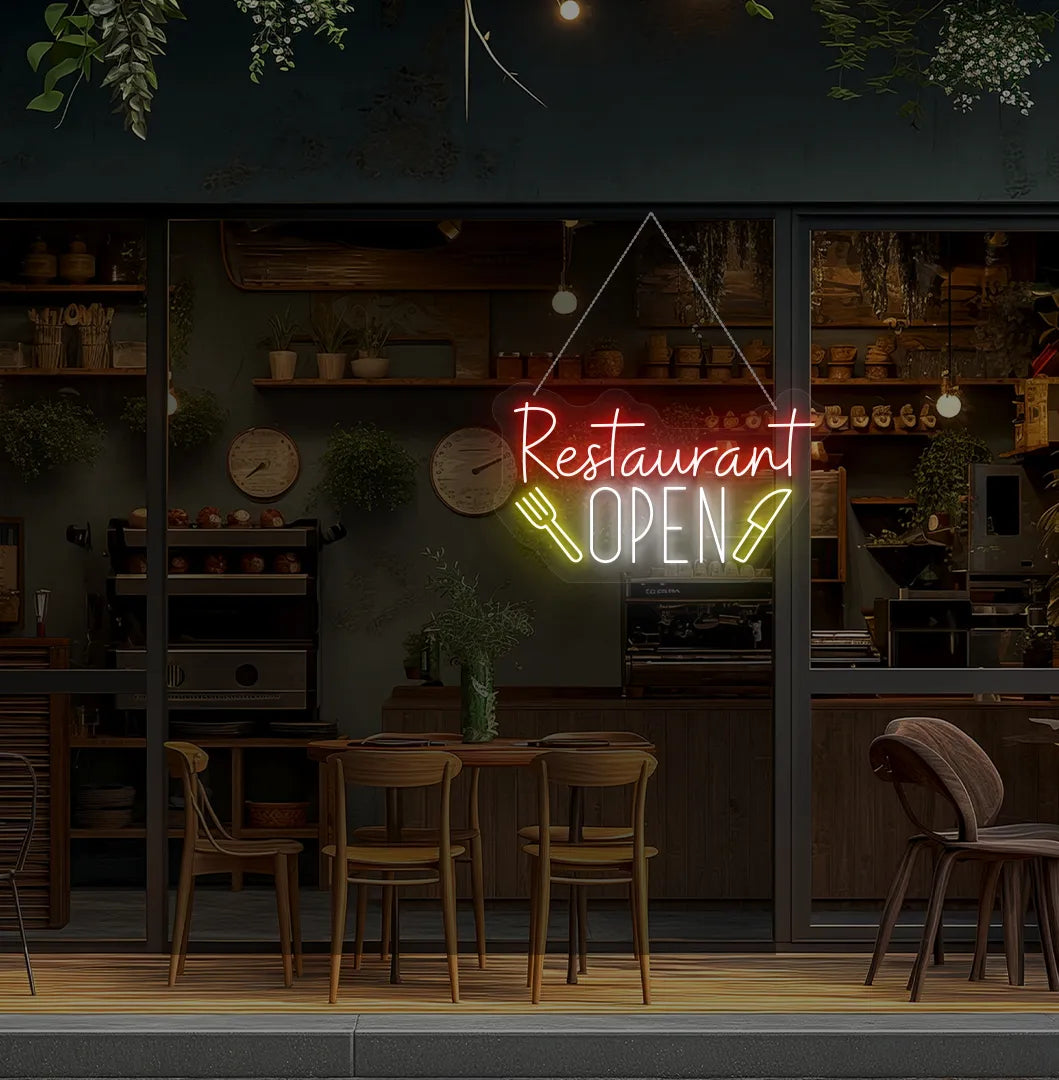 Image of a restaurant open neon sign in white color mounted on restaurant wall.
