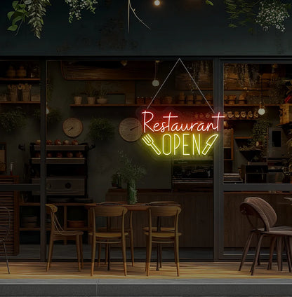 Modern restaurant wall with restaurant open neon sign glowing yellow.