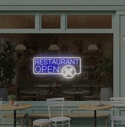 Image of a modern restaurant open neon sign with fork and knife icons hanging on window in blue color.
