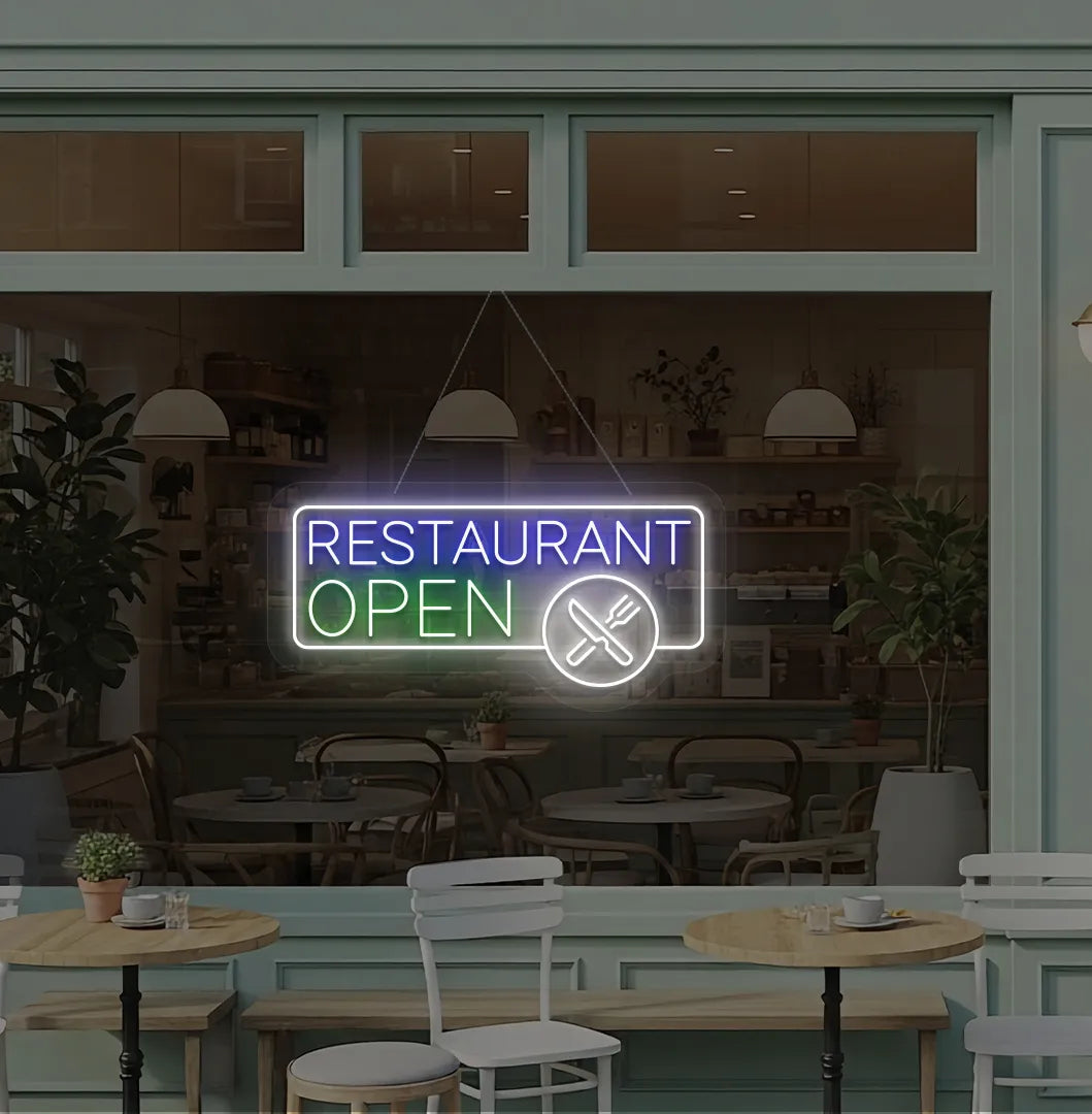 Green restaurant open with fork and knife LED neon sign for restaurant entrance.