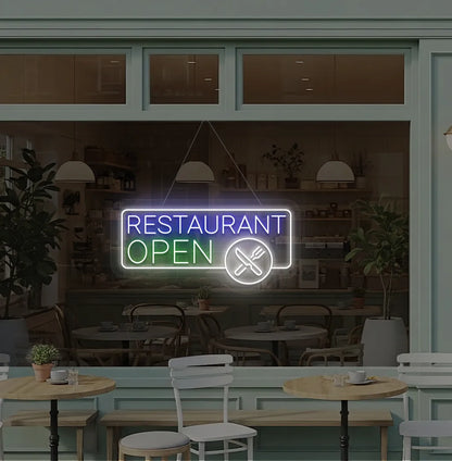 Green restaurant open with fork and knife LED neon sign for restaurant entrance.