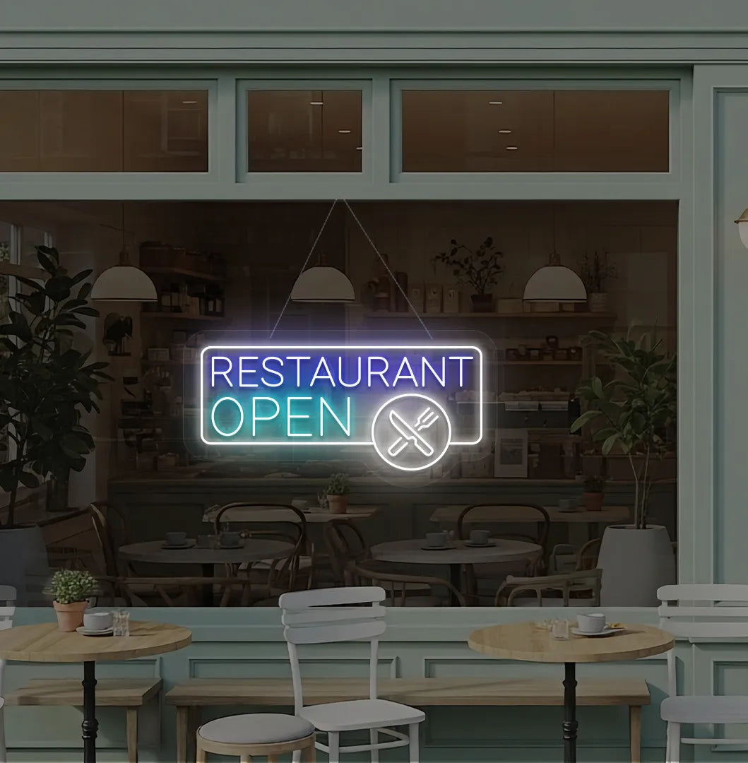 Image of a modern restaurant open neon sign with fork and knife icons hanging on window in ice blue color.