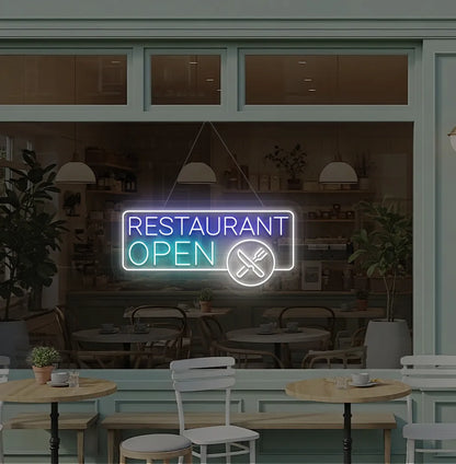 Image of a modern restaurant open neon sign with fork and knife icons hanging on window in ice blue color.