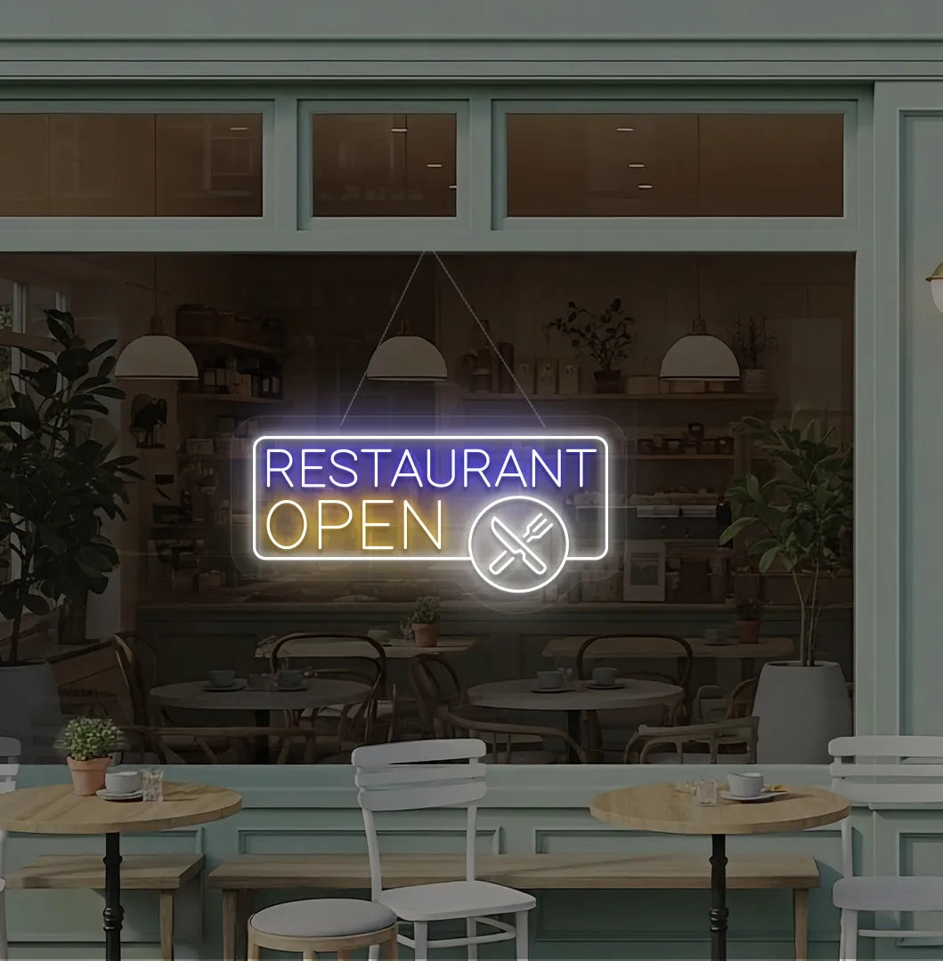 Orange restaurant open with fork and knife LED neon sign for restaurant entrance.