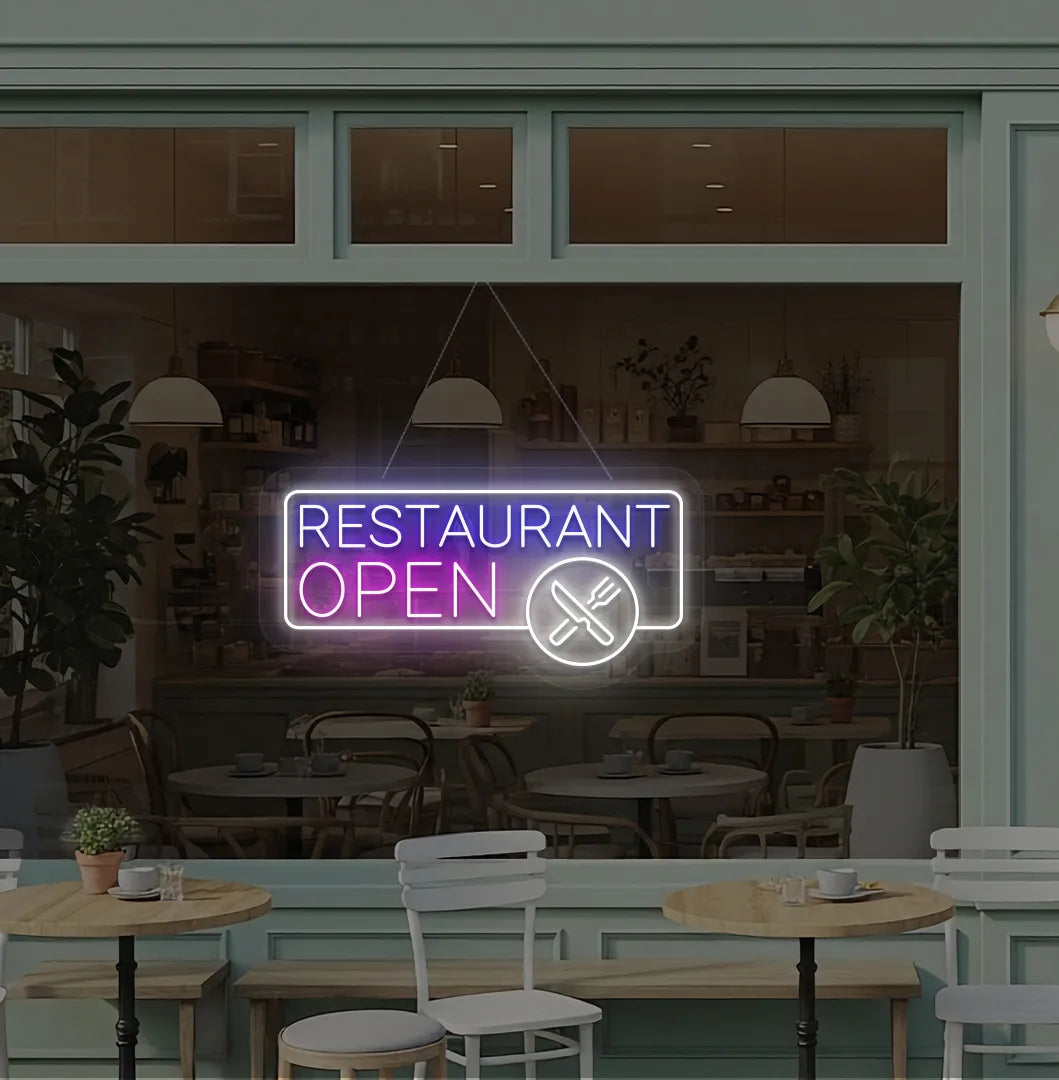 Image of a modern restaurant open neon sign with fork and knife icons hanging on window in ice pink color.