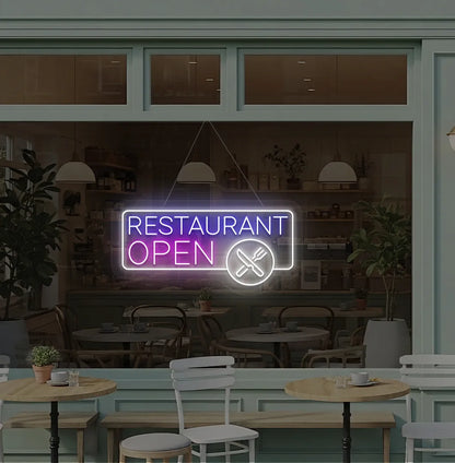 Image of a modern restaurant open neon sign with fork and knife icons hanging on window in ice pink color.