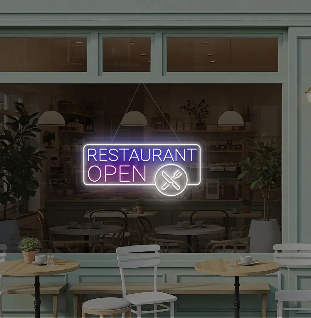 Purple restaurant open with fork and knife LED neon sign for restaurant entrance.