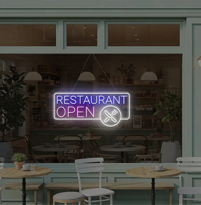 Purple restaurant open with fork and knife LED neon sign for restaurant entrance.