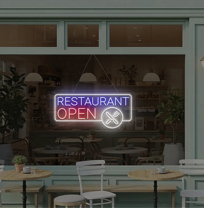 Image of a modern restaurant open neon sign with fork and knife icons hanging on window in ice red color.