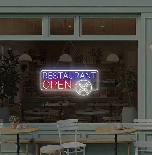 Image of a modern restaurant open neon sign with fork and knife icons hanging on window in ice red color.