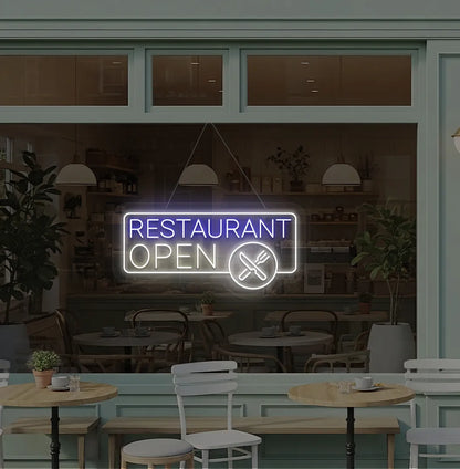 Warm white restaurant open with fork and knife LED neon sign for restaurant entrance.
