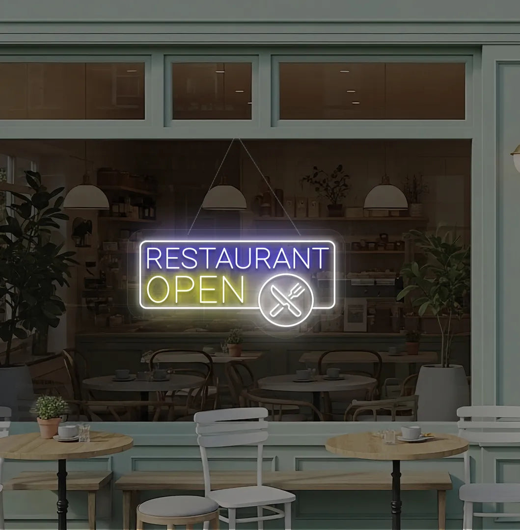 Yellow restaurant open with fork and knife LED neon sign for restaurant entrance.