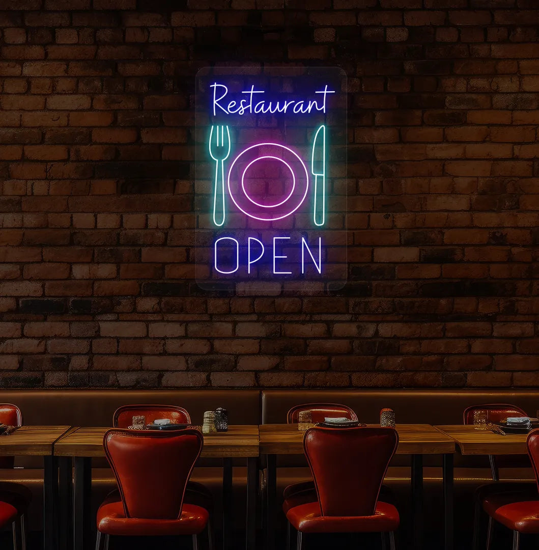 Bright blue restaurant open with plate knife and fork neon sign for restaurant decor.