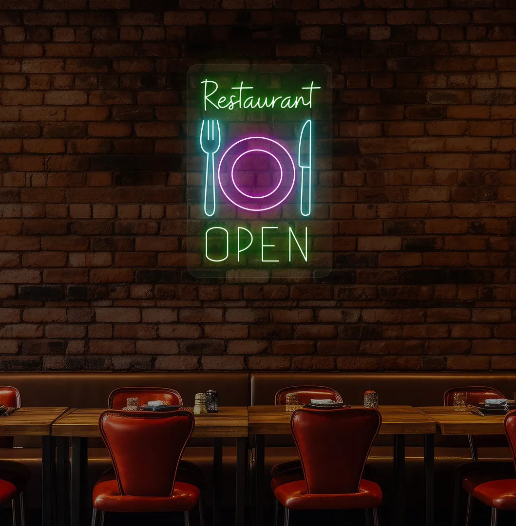Green restaurant open LED neon sign with plate knife and fork icons for dining setup.