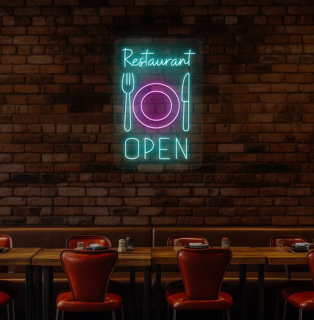 Bright ice blue restaurant open with plate knife and fork neon sign for restaurant decor.