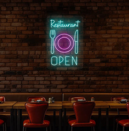 Bright ice blue restaurant open with plate knife and fork neon sign for restaurant decor.