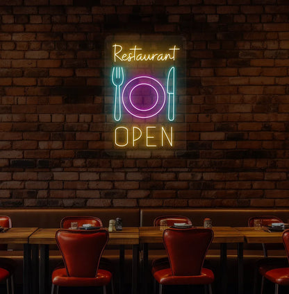 Orange restaurant open LED neon sign with plate knife and fork icons for dining setup.