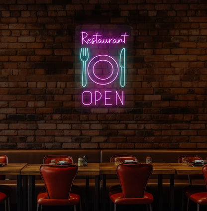 Bright pink restaurant open with plate knife and fork neon sign for restaurant decor.