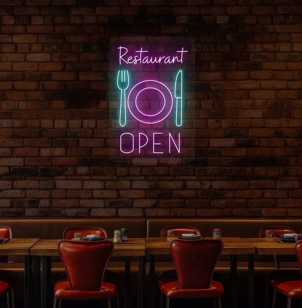 Purple restaurant open LED neon sign with plate knife and fork icons for dining setup.