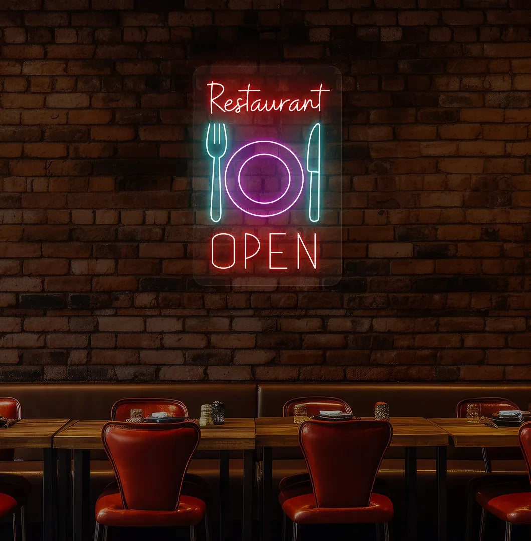 Bright red restaurant open with plate knife and fork neon sign for restaurant decor.