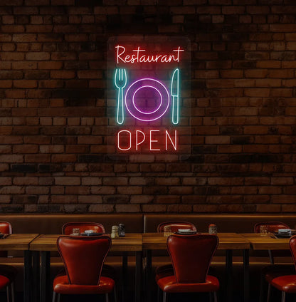 Bright red restaurant open with plate knife and fork neon sign for restaurant decor.