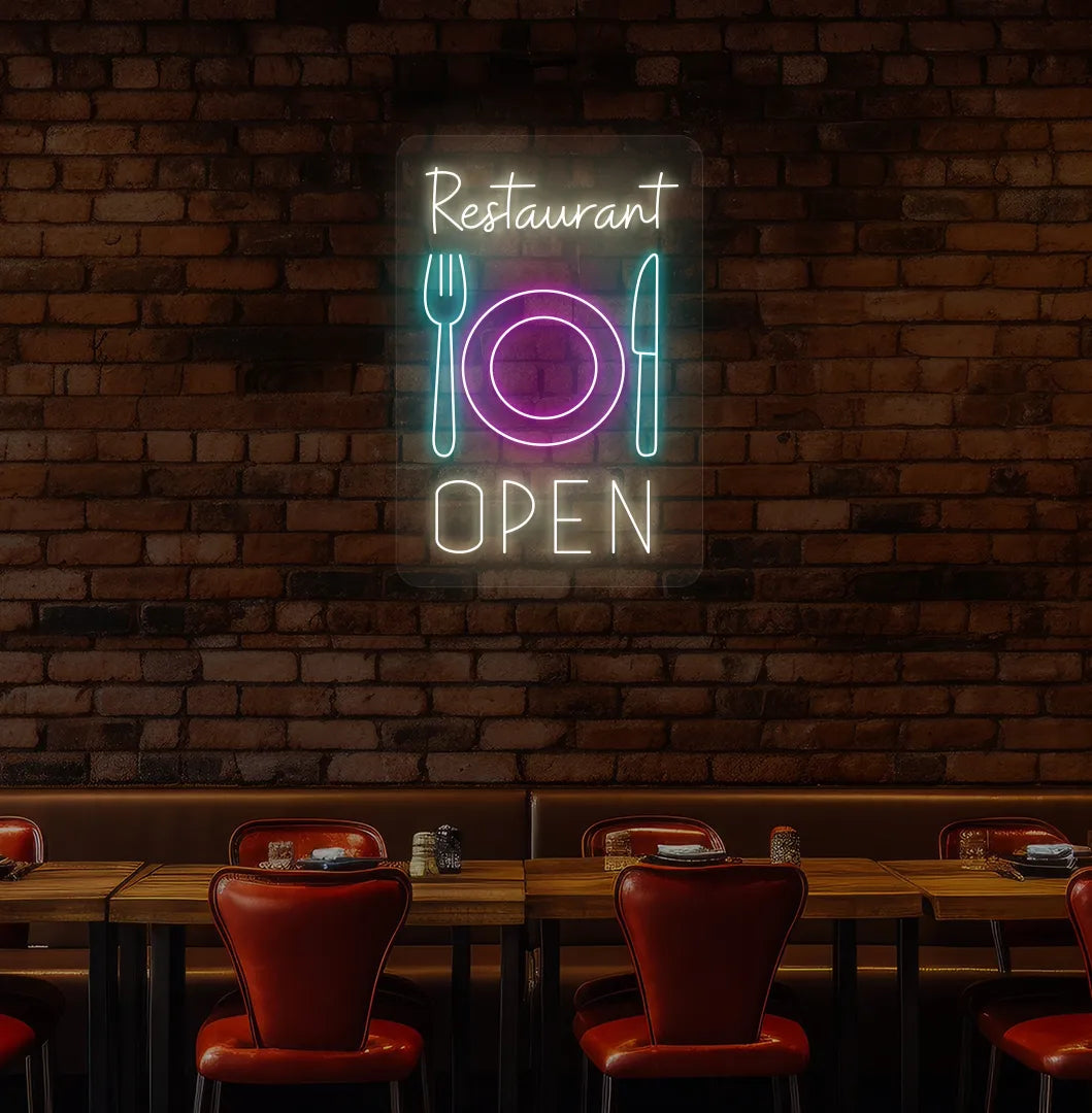 Wam white restaurant open LED neon sign with plate knife and fork icons for dining setup.