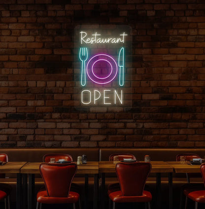 Wam white restaurant open LED neon sign with plate knife and fork icons for dining setup.