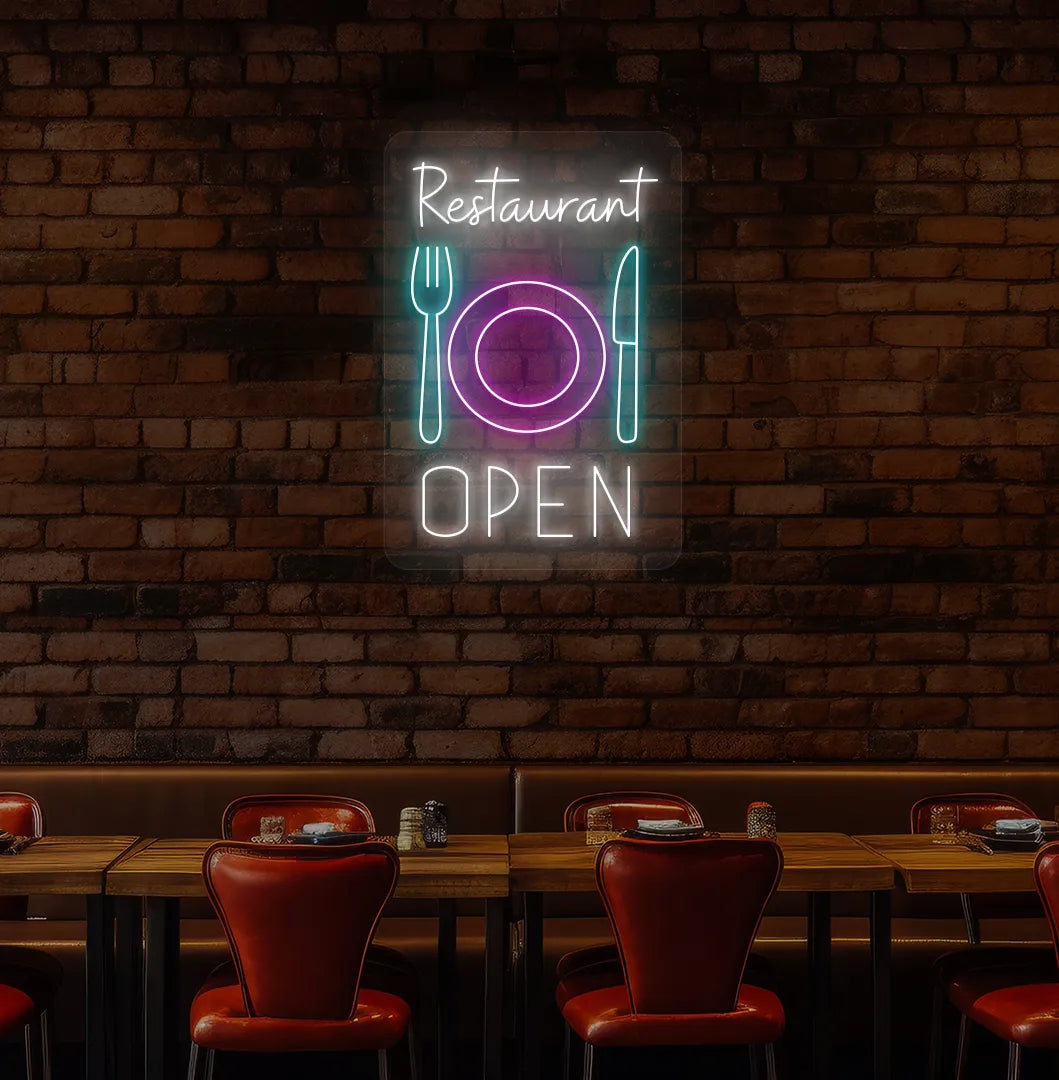 Bright white restaurant open with plate knife and fork neon sign for restaurant decor.