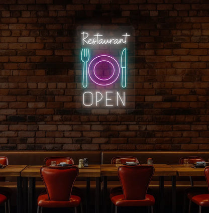 Bright white restaurant open with plate knife and fork neon sign for restaurant decor.