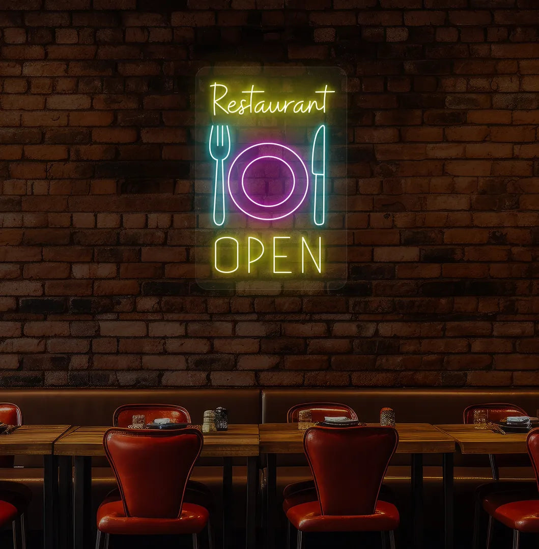 Yellow restaurant open LED neon sign with plate knife and fork icons for dining setup.