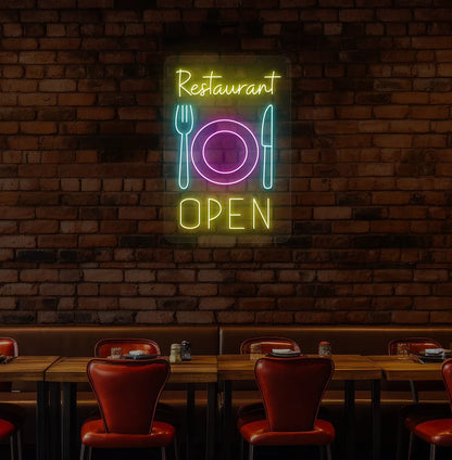 Yellow restaurant open LED neon sign with plate knife and fork icons for dining setup.