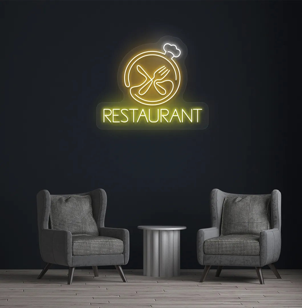 Modern restaurant wall with restaurant neon sign glowing orange