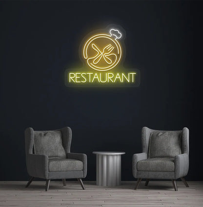 Modern restaurant wall with restaurant neon sign glowing orange