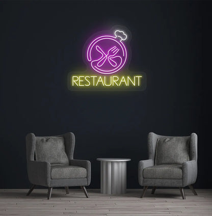 Image of a restaurant wall with stylish restaurant neon sign glowing pink.