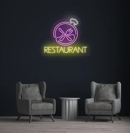 Modern restaurant wall with restaurant neon sign glowing purple