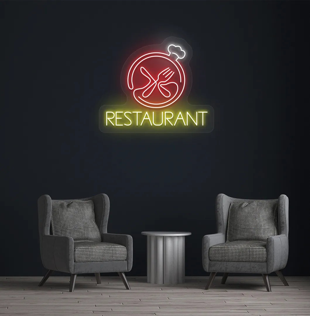 Image of a restaurant wall with stylish restaurant neon sign glowing red.