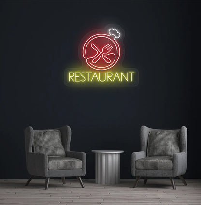 Image of a restaurant wall with stylish restaurant neon sign glowing red.