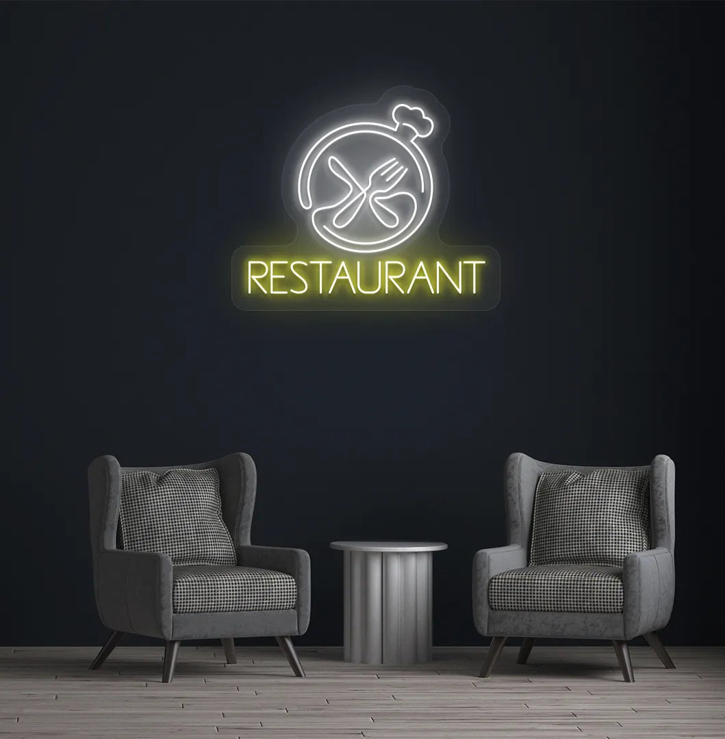Image of a restaurant wall with stylish restaurant neon sign glowing white.